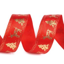   Dekorációs szalag, SZARVAS és FENYŐ, PIROS ALAPON ARANY minta (24 mm)