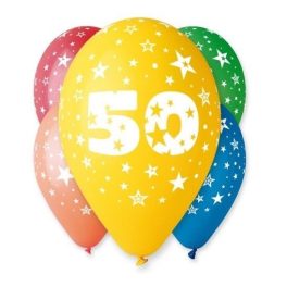   Számos léggömb, lufi "50" felirattal (5 db / csomag) 30 cm, vegyes szinekben