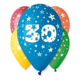   Számos léggömb, lufi "30" felirattal (5 db / csomag) 30 cm, vegyes szinekben