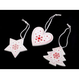   fa dísz szett (szív, csillag, fenyőfa) 3 db-os (6 cm) FEHÉR ALAPON PIROS karácsonyi