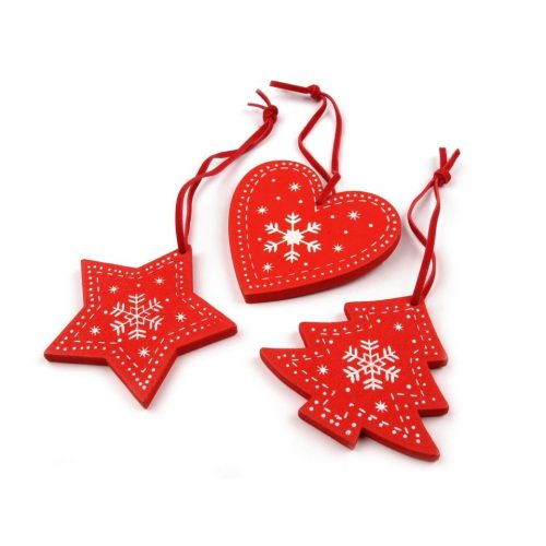 fa dísz szett (szív, csillag, fenyőfa) 3 db-os (6 cm) PIROS ALAPON FEHÉR karácsonyi