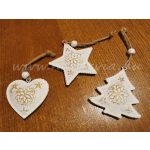 függő dísz szett, KARÁCSONY, fém CSILLAG, SZÍV és FENYŐFA / KARÁCSONYFA - vintage fehér-arany  UTOLSÓ DARAB!!!