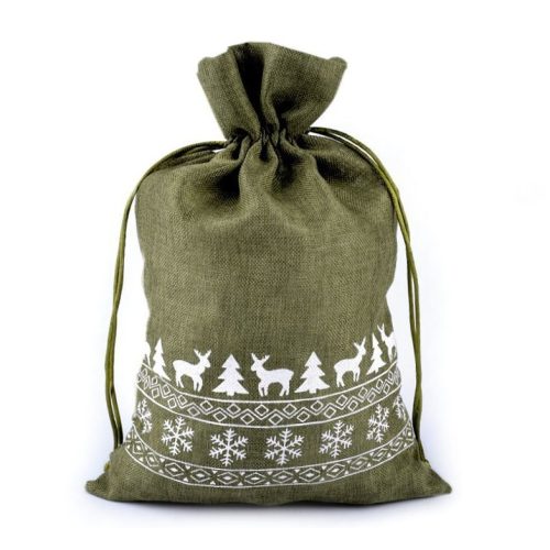 Mikulás zsák, zacskó karácsonyi csomagoláshoz, RÉNSZARVAS mintával (20 * 30 cm), KHAKI / SÖTÉTZÖLD