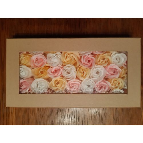 rózsabox szappanból / szappanrózsa doboz / szappan rózsadoboz (30 * 15,5 cm) NATÚR-KRÉM-RÓZSASZÍN rózsa natúr dobozban