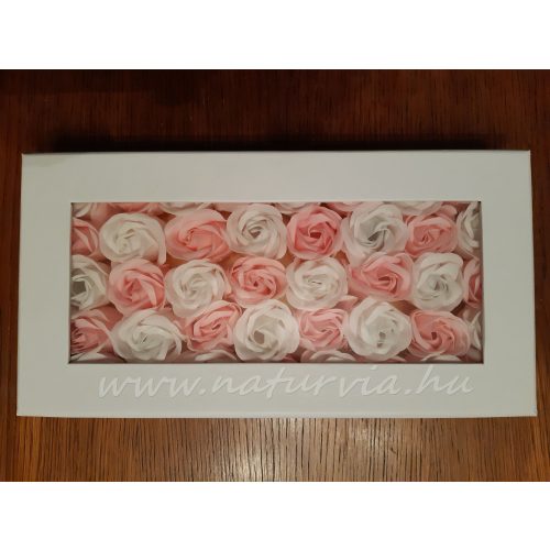 rózsabox szappanból / szappanrózsa doboz / szappan rózsadoboz (30 * 15,5 cm) FEHÉR-RÓZSASZÍN rózsa fehér dobozban