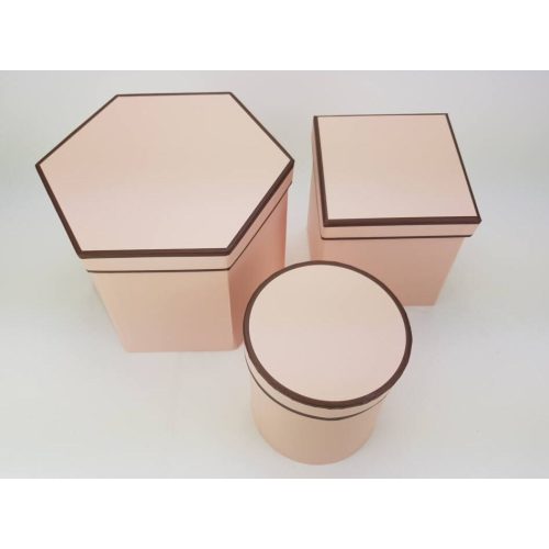 3 különböző alakú (hatszög, kör és négyszög alapú) papírdobozból álló készlet (3 db-os szett), PINK / RÓZSASZÍN színű BARNA díszcsíkkal