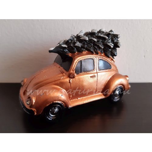 vintage "VW BOGÁR" mini világítós bogárhátú autó, fenyőfával (10*5*6 cm) BRONZ