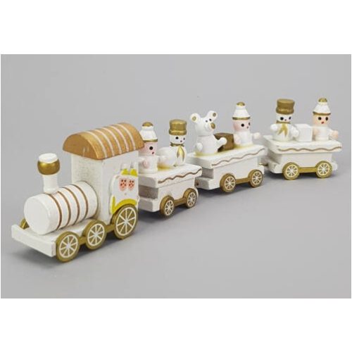 fa vonat, fából készült festett mozdony kocsikkal, karácsonyi figurákkal (21 cm) FEHÉR / ARANY