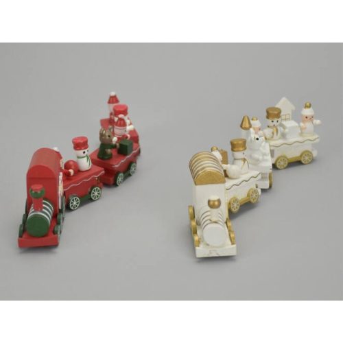 fa vonat, fából készült festett mozdony kocsikkal, karácsonyi figurákkal (21 cm) ZÖLD / PIROS