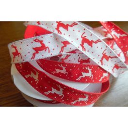   Dekorációs szalag, UGRÓ SZARVAS PIROS/FEHÉR ALAPON (16 mm)