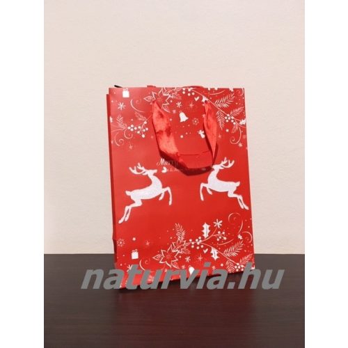 Papír dísztasak, papírtáska, papír tasak (M méret - 24*18 cm), KARÁCSONYI mintával (piros, rénszarvas)