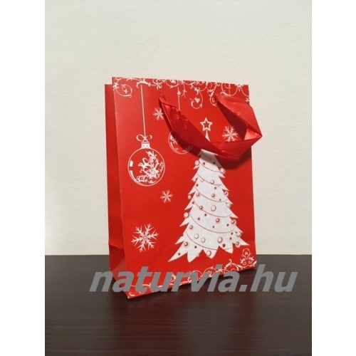 Papír dísztasak, papírtáska, papír tasak (M méret - 24*18 cm), KARÁCSONYI mintával (piros, karácsonyfa)