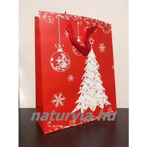 Papír dísztasak, papírtáska, papír tasak (L méret - 32*26 cm), KARÁCSONYI mintával (piros, karácsonyfa)