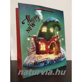   Papír dísztasak, papírtáska, papír tasak (L méret - 32*26 cm), KARÁCSONYI mintával (manóház, zöld)