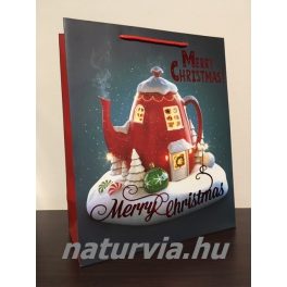  Papír dísztasak, papírtáska, papír tasak (L méret - 32*26 cm), KARÁCSONYI mintával (teáskanna)