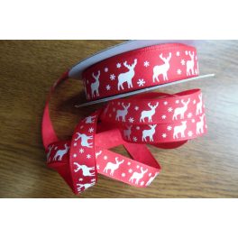 Dekorációs szalag, ÁLLÓ SZARVAS PIROS ALAPON (16 mm)