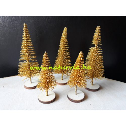 mini fenyő / fenyőfa szett (5 db/szett), fa talpon ARANY (2db 4 cm-es, 3db 6 cm-es)