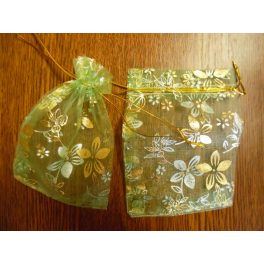 Organza tasak, díszzacskó 9*13 cm, ZÖLD virág mintás