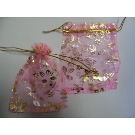   Organza tasak, díszzacskó 9*13 cm, RÓZSASZÍN virág mintás