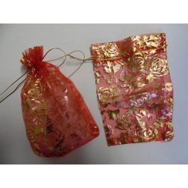 Organza tasak, díszzacskó 9*13 cm, PIROS rózsás