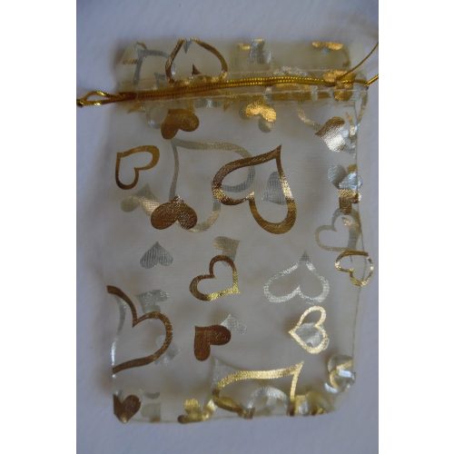 Organza tasak, díszzacskó 10*15 cm, FEHÉR arany szivekkel