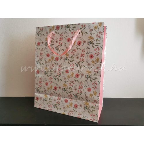 Papír dísztasak, papírtáska, papír tasak (L méret - 32*26 cm), TAVASZI mintával (rózsaszín, apró virágokkal)
