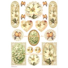   decoupage (dekupázs) rizspapír, MADARAK - LILIOM - GYÖNGYVIRÁG (DFSA4081)