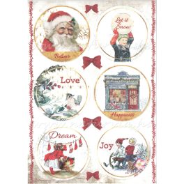   decoupage (dekupázs) rizspapír A4, KARÁCSONY 18 - TÉLAPÓ, MIKULÁS, SZÁNKÓ körökben (DFSA4635)