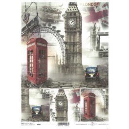   decoupage (dekupázs) rizspapír, ANGLIAI UTAZÁS - LONDON - BIG BEN, TOWER BRIDGE, telefonfülke  (R841)