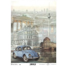   decoupage (dekupázs) rizspapír, NÉMET UTAZÁS - BERLIN - BRANDENBURGI KAPU, Múzeum-sziget, VW bogár  (R878)