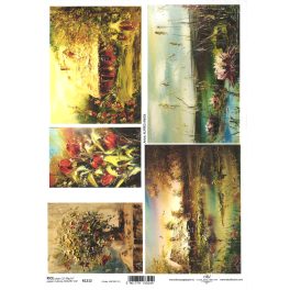  decoupage (dekupázs) rizspapír, TÁJKÉP, CSENDÉLET 01. - tanya, virágcsokor, tavirózsa  (R1212)
