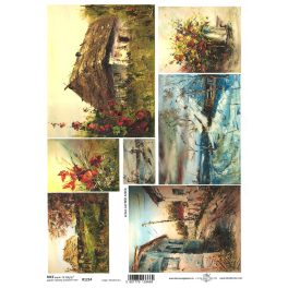   decoupage (dekupázs) rizspapír, TÁJKÉP, CSENDÉLET 02. - tanya, virágcsokor, utcarészlet  (R1214)
