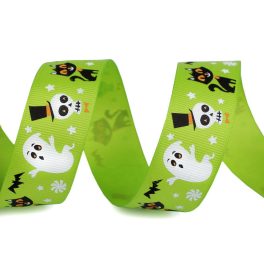   Ripsz szalag, HALLOWEEN (25 mm), zöld alapon fekete-fehér SZELLEM minta