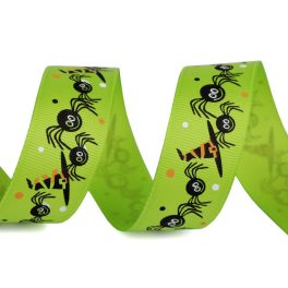   Ripsz szalag, HALLOWEEN (25 mm), zöld alapon fekete-fehér PÓK minta